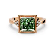 Cluster Engagement Ring Setting for Fancy Green Princess Cut Center with Milgrain Shoulder Clusters and Prong Head in Rose Gold