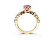 Shared-Prong Engagement Ring Setting for Fancy Pink Round Cut Center with Graduated Accents and Prong Head in Yellow Gold