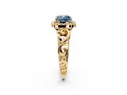 Halo Engagement Ring Setting for Fancy Blue Cushion Cut Center with Open Scroll Shoulders and Prong Head in Yellow Gold