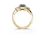3 Stone Engagement Ring Setting for Fancy Blue Emerald Cut Center with Matching Side Accents and Prong Head in Yellow Gold