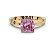 Solitaire Engagement Ring Setting for Fancy Pink Cushion Cut Center with Carved Leaf Shoulders and Prong Head in Yellow Gold