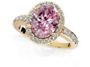 Halo Engagement Ring Setting for Fancy Pink Oval Center with Heart-Shaped Openwork, Pave Band and Prong Head in Yellow Gold