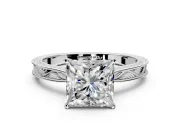 Solitaire Engagement Ring Setting for Princess Cut Center with Engraved Milgrain Band and Prong Head in Platinum