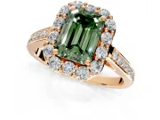 Floral Halo Engagement Ring Setting for Fancy Green Emerald Cut Center with Large Halo Accents and Prong Head in Rose Gold
