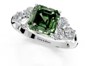 Cluster Engagement Ring Setting for Fancy Green Asscher Cut Center with Round Cut Accent Frame and Prong Head in Platinum