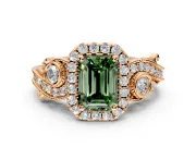 Milgrain Halo Engagement Ring Setting for Fancy Green Emerald Cut Center with Shoulder Bezels and Prong Head in Rose Gold