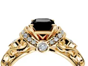 Solitaire Engagement Ring Setting for Fancy Black Emerald Cut Center with Filigree Band and Prong Head in Yellow Gold