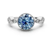 Vintage Station Engagement Ring Setting for Fancy Blue Round Cut Center with Accents and Prong Head in White Gold