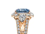 Halo Engagement Ring Setting for Fancy Blue Radiant Cut Center with Two-Strand Split Shank and Prong Head in Rose Gold