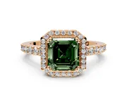 Halo Engagement Ring Setting for Fancy Green Asscher Cut Center with Inner Milgrain Border and Prong Head in Rose Gold