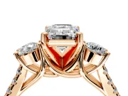 3 Stone Engagement Ring Setting for Emerald Cut Center with Crossover Basket, Pave Band and Prong Head in Rose Gold