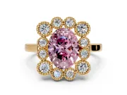 Cluster Halo Engagement Ring Setting for Fancy Pink Oval Center with Milgrain Bezel Accents and Prong Head in Yellow Gold