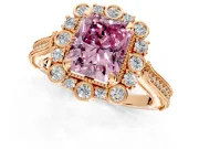 Milgrain Halo Engagement Ring Setting for Fancy Pink Radiant Cut Center with Bezel Point Accents and Prong Head in Rose Gold