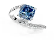 Solitaire Engagement Ring Setting for Fancy Blue Cushion Cut Center with Pave Bypass Swirl Band and Prong Head in White Gold