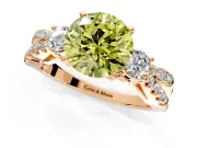3 Stone Engagement Ring Setting for Fancy Yellow Round Cut Center with Pave Split Shank and Prong Head in Rose Gold