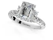 Paired Accent Engagement Ring Setting for Emerald Cut Center with Pave Band and Prong Head in Platinum