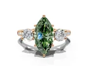 3 Stone Engagement Ring Setting for Fancy Green Marquise Center with Crossover Basket, Pave Band and Prong Head in Rose Gold