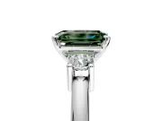 3 Stone Engagement Ring Setting for Fancy Green Emerald Cut Center with Wide Plain Band and Prong Head in White Gold