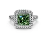 Double Halo Engagement Ring Setting for Fancy Green Princess Cut Center with Narrow Pave Split Shank and Prong Head in Platinum