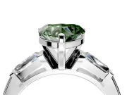 3 Stone Engagement Ring Setting for Fancy Green Heart-Shaped Center with Tapered Baguettes, Plain Band and Prong Head in White Gold