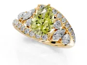 Halo Engagement Ring Setting for Fancy Yellow Pear-Shaped Center with Marquise and Pave Bypass Band and Prong Head in Yellow Gold
