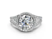 Halo Engagement Ring Setting for Round Cut Center with Narrow Pave Split Shank and Prong Head in Platinum