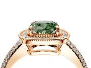 Milgrain Halo Engagement Ring Setting for Fancy Green Cushion Cut Center with Three-Sided Pave Band and Prong Head in Rose Gold