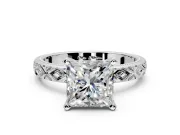 Solitaire Engagement Ring Setting for Princess Cut Center with Milgrain X Pattern Band and Prong Head in Platinum