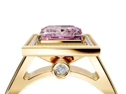 Halo Engagement Ring Setting for Fancy Pink Princess Cut Center with Outer Bezel Rim, Pave Band and Prong Head in Yellow Gold