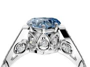 Cathedral Engagement Ring Setting for Fancy Blue Heart-Shaped Center with Antique-Style Pave Band and Prong Head in Platinum
