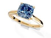 Solitaire Engagement Ring Setting for Fancy Blue Cushion Cut Center with Narrow Cathedral Band and Prong Head in Yellow Gold
