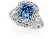 Double Halo Engagement Ring Setting for Fancy Blue Radiant Cut Center with Narrow Pave Split Shank and Prong Head in Platinum