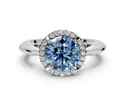 Halo Engagement Ring Setting for Fancy Blue Round Cut Center with Tapered Plain Band and Prong Head in White Gold