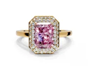 Halo Engagement Ring Setting for Fancy Pink Radiant Cut Center with Plain Tapered Band and Prong Head in Yellow Gold