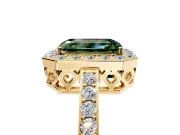 Halo Engagement Ring Setting for Fancy Green Emerald Cut Center with Heart-Shaped Openwork, Pave Band and Prong Head in Yellow Gold