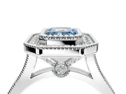 Halo Engagement Ring Setting for Fancy Blue Emerald Cut Center with Milgrain Frame, Pave Band and Prong Head in Sterling Silver