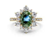 Floral Halo Engagement Ring Setting for Fancy Green Oval Center with Pave Accents and Prong Head in Yellow Gold