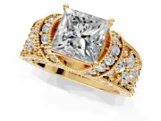 Pave Engagement Ring Setting for Princess Cut Center with Curved Accent Rows, Openwork and Prong Head in Yellow Gold