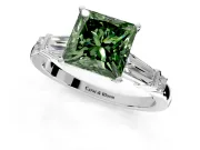 Bar-Set Engagement Ring Setting for Fancy Green Princess Cut Center with Tapered Baguette Accents and Prong Head in White Gold