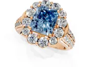 Large Accent Halo Engagement Ring Setting for Fancy Blue Radiant Cut Center with Pave Split Shank and Prong Head in Rose Gold