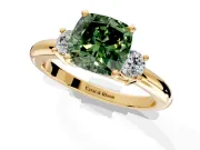 3 Stone Engagement Ring Setting for Fancy Green Cushion Cut Center with Wide Plain Band and Prong Head in Yellow Gold