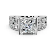Bezel Engagement Ring Setting for Princess Cut Center with Wide Channel-Set Band and Bezel Head in Platinum