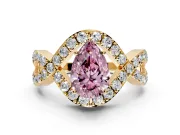 Halo Engagement Ring Setting for Fancy Pink Pear-Shaped Center with Pave Infinity Twist Band and Prong Head in Yellow Gold