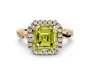 Halo Engagement Ring Setting for Fancy Yellow Asscher Cut Center with Twist Band and Prong Head in Yellow Gold