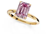 Hidden Halo Engagement Ring Setting for Fancy Pink Emerald Cut Center with Thin Round-Wire Band and Prong Head in Yellow Gold