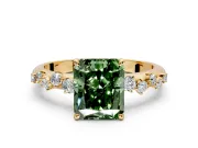 Cluster Engagement Ring Setting for Fancy Green Radiant Cut Center with Round Cut Accent Band and Prong Head in Yellow Gold