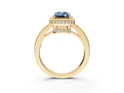 Halo Engagement Ring Setting for Fancy Blue Emerald Cut Center with Metal-Rimmed Halo, Pave Band and Prong Head in Yellow Gold