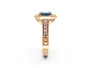 Milgrain Halo Engagement Ring Setting for Fancy Blue Emerald Cut Center with Pave Band and Prong Head in Rose Gold