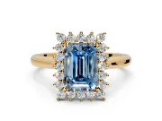 Starburst Halo Engagement Ring Setting for Fancy Blue Emerald Cut Center with Thin Round-Wire Band and Prong Head in Yellow Gold