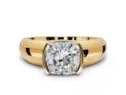 Tension Engagement Ring Setting for Cushion Cut Center with Wide Flat Band and Tension Head in Yellow Gold